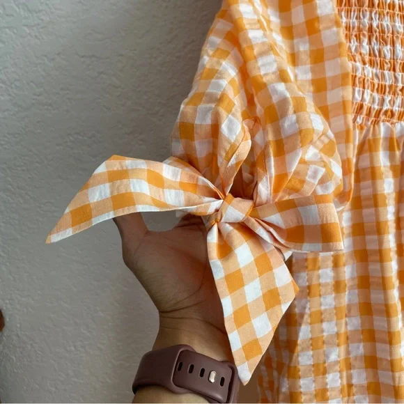 NEW Whistles Gingham Orange Check Shirred Midi Dress Size 6 Smocked - Picture 10 of 10